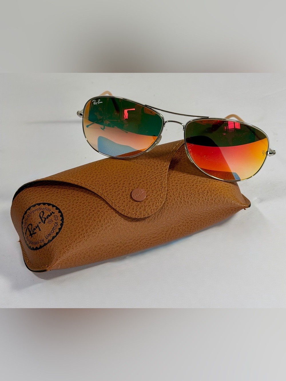Ray-Ban RB3362 Cockpit Aviator Sunglasses Unisex Silver Orange Mirrored w/ Case